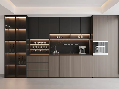 Modern Sleek Sideboard With Dark And Light Wooden Cabinets LED Lighting And Glassware Storage 3d model