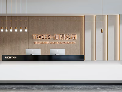 Modern Company Reception Desk With Wooden Wall Pendant Lights And Computers 3d model
