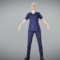 Woman in Dark Blue V Neck Scrub Uniform with Short Sleeves and Long Pants Standing