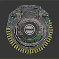 Sci-Fi Landscape With Glowing Green Metal Container And Yellow Black Stripes