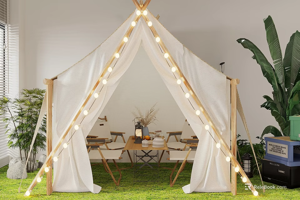 Café With White Tent String Lights Tables Chairs Green Plants And Grass Floor 3d model 
