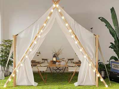 Café With White Tent String Lights Tables Chairs Green Plants And Grass Floor 3d model