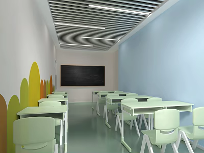 School Classroom Interior Featuring Light Green Desks Chairs Blue Wall Colorful Leaf Decorations And Blackboard 3d model