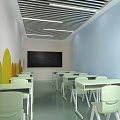 School Classroom Interior Featuring Light Green Desks Chairs Blue Wall Colorful Leaf Decorations And Blackboard