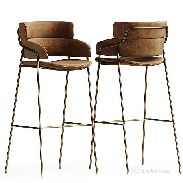 Brown Velvet Bar Stools With Modern Design And Metal Legs 3d model