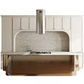 Modern Kitchen Interior With White Cabinets Marble Backsplash Stainless Steel Range Hood And Gold Countertop