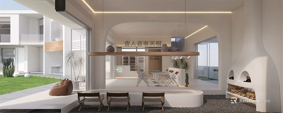 Modern Hotel Lobby Interior Design With Hanging Lights Comfortable Seating And Greenery 3d model 
