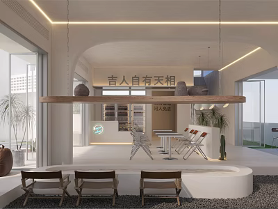 Modern Hotel Lobby Interior Design With Hanging Lights Comfortable Seating And Greenery 3d model
