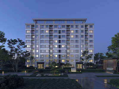 Modern Multi Story Residential Building with Evening Lighting and Landscaped Garden Area 3d model