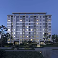 Modern Multi Story Residential Building with Evening Lighting and Landscaped Garden Area