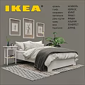 Double Bed Interior with White Frame Pillows Gray Throw Nightstand Paintings Rug and Green Plants