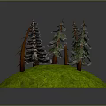 Cartoon Scene With Green Grassy Hill And Several Pine Trees With Brown Trunks