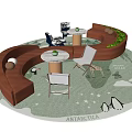 Brown Curved Sofa And Round Coffee Table Set With Green Decor Chairs On Penguin Rug