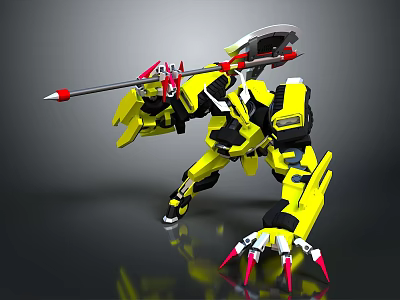 Mech Warrior Character and Yellow Black Mechanical Creature with Spear Weapon and Sharp Red Claws 3d model