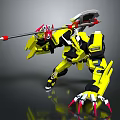 Mech Warrior Character and Yellow Black Mechanical Creature with Spear Weapon and Sharp Red Claws
