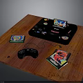 Wooden Tabletop Setup With Black Game Console Controller And Game Discs
