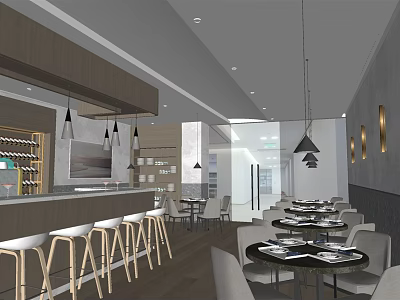 Modern Restaurant Interior With Bar Counter Dining Tables Chairs And Hanging Lights 3d model