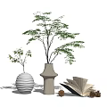 Elegant Decorative Ornament Set with Vases Green Plants Open Book and Pine Cones