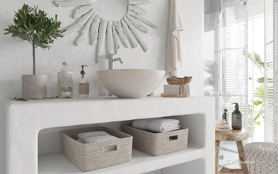 Minimalist Bathroom Accessories With Shell Shaped Mirror Woven Baskets Towels And Toiletries 3d model 
