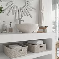 Minimalist Bathroom Accessories With Shell Shaped Mirror Woven Baskets Towels And Toiletries