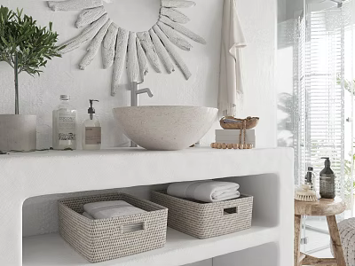 Minimalist Bathroom Accessories With Shell Shaped Mirror Woven Baskets Towels And Toiletries 3d model