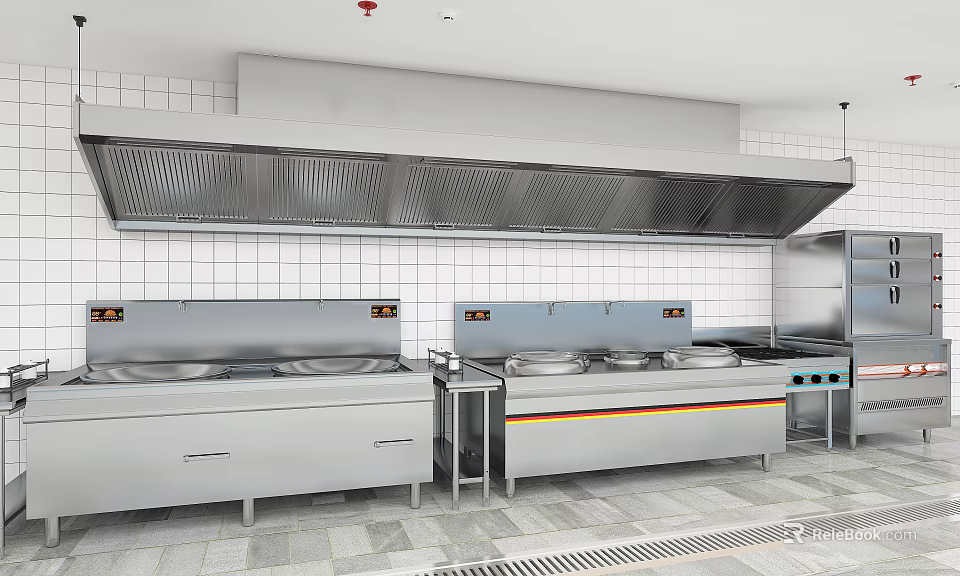 Stainless Steel Commercial Kitchen Appliances With Cooking Ranges Multiple Burners And Range Hood 3d model 