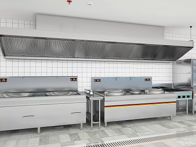 Stainless Steel Commercial Kitchen Appliances With Cooking Ranges Multiple Burners And Range Hood 3d model