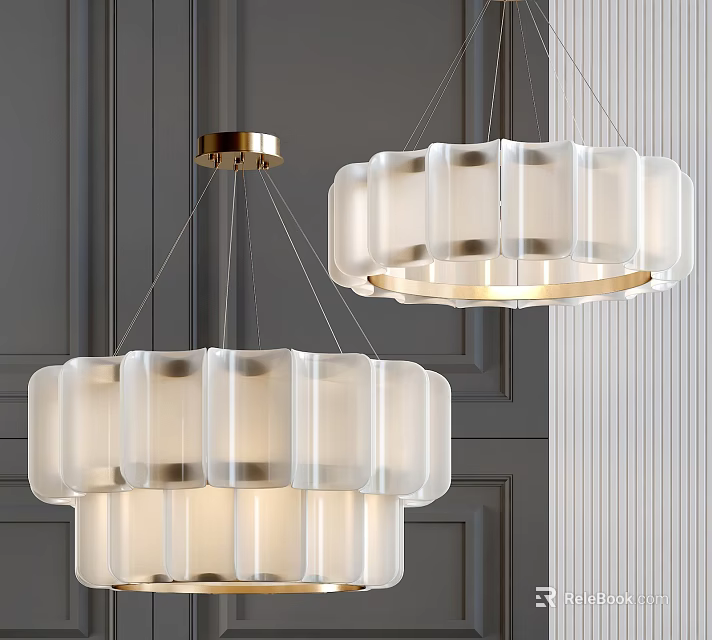 Modern Chandeliers With White Frosted Shades And Gold Metal Accents In Elegant Interior 3d model 