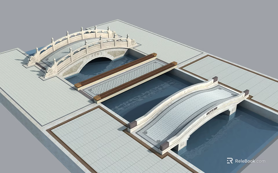Chinese Style Garden Bridges Featuring Stone Arch And Curved Wooden Deck Over Water 3d model 
