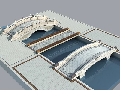 Chinese Style Garden Bridges Featuring Stone Arch And Curved Wooden Deck Over Water 3d model