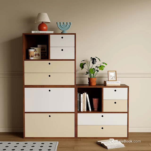 Brown White Beige Storage Cabinet with Drawers Open Shelves Table Lamp Plant Books Photo Frame 3d model 