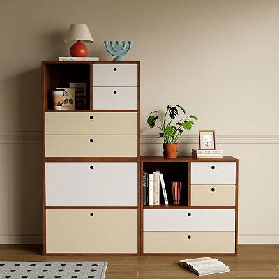 Brown White Beige Storage Cabinet with Drawers Open Shelves Table Lamp Plant Books Photo Frame 3d model