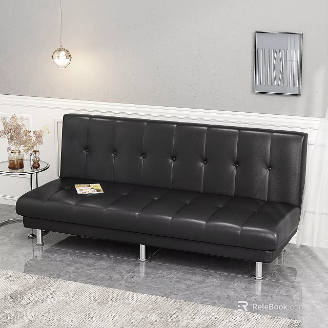 Black Leather Multi Person Sofa With Button Tufted Design Metal Legs And Side Table 3d model