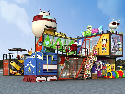 Colorful Shipping Container Playground Building with Cartoon Characters Slide and Train 3d model