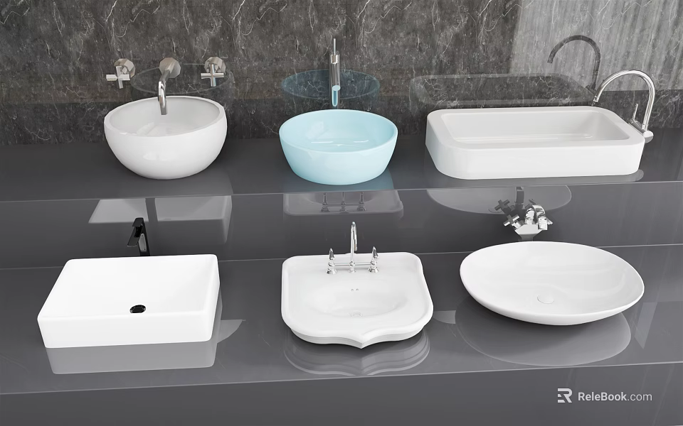 Various Washbasin Designs Showcased in White Light Blue Round Square Shapes on Grey Countertop 3d model 