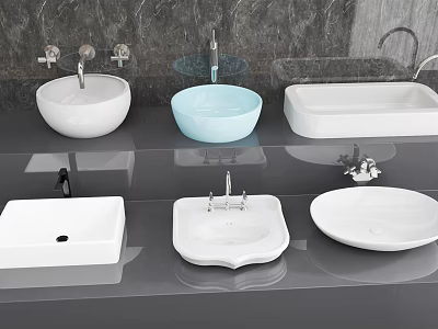 Various Washbasin Designs Showcased in White Light Blue Round Square Shapes on Grey Countertop 3d model