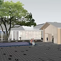 Modern Sales Office Building With Outdoor Seating Green Lawn And Trees