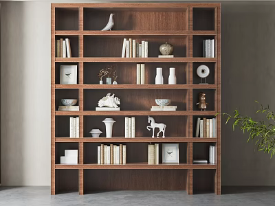 Modern Wooden Bookcase With Open Shelves Books Sculptures Vases And Decorative Items 3d model