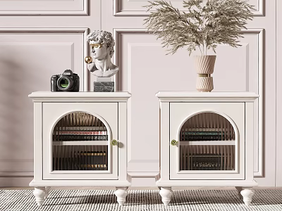 White Wooden Nightstands With Camera Statue Vase And Books Against Paneled Walls 3d model