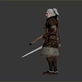 Man With White Hair And Beard In Medieval Armored Outfit Holding Sword Curved Blade And Quiver