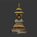 Traditional Multi Tiered Tower Architecture With Golden Roof And Brick Stone Base