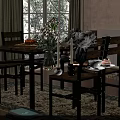 Warm Modern Restaurant Interior With Wooden Dining Table Chairs Vase Fruits And Decorative Painting