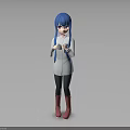 3D Model Character With Blue Hair Gray Coat Black Pants Pink Boots Holding A Cup