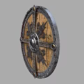Medieval Shield Historical Weapon With Ornate Carved Patterns Metal Rim And Wooden Surface