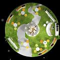 Modern Exhibition Booth With Curved White Framework Colorful Decorations Display Counters And Green Plants