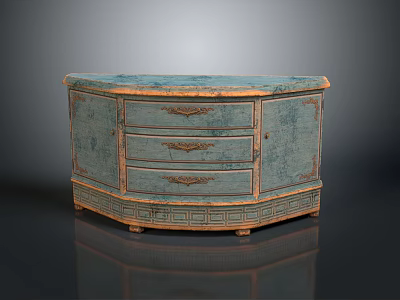 Vintage Blue Green Cabinet With Carved Drawers And Gold Trim Antique Wooden Furniture 3d model