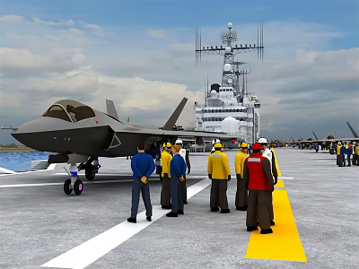 Modern Military Weapon Platform Warship Deck Featuring Fighter Jet And Crew Personnel 3d model