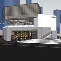 Modern Urban Building With Grid Facade Green Roof And Pedestrian Area In Tree Lined Environment