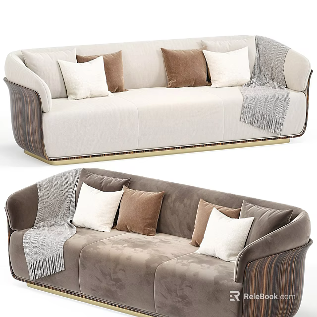 Two Seater Sofa With Beige And Brown Velvet Upholstery White Brown Pillows And Gray Blanket 3d model 