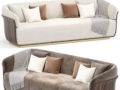 Two Seater Sofa With Beige And Brown Velvet Upholstery White Brown Pillows And Gray Blanket 3d model